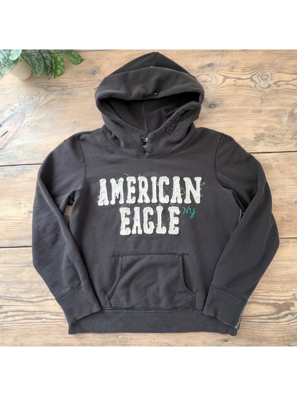 American Eagle Y2K Hoodie Sweatshirt Womens L Black Distressed Spellout Grunge